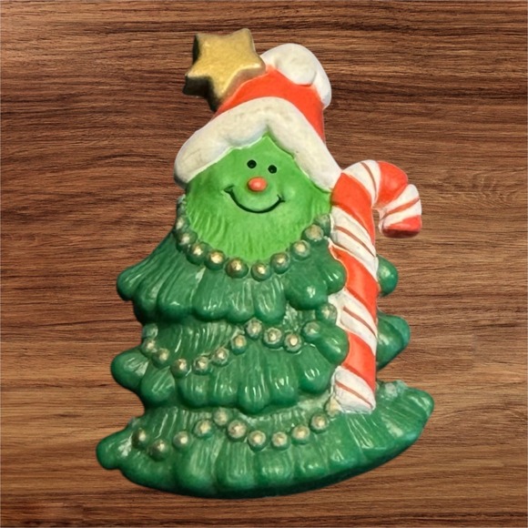 Hallmark Jewelry - Hallmark Anthropomorphic Tree Brooch Christmas Candy Cane Santa Hat Pin